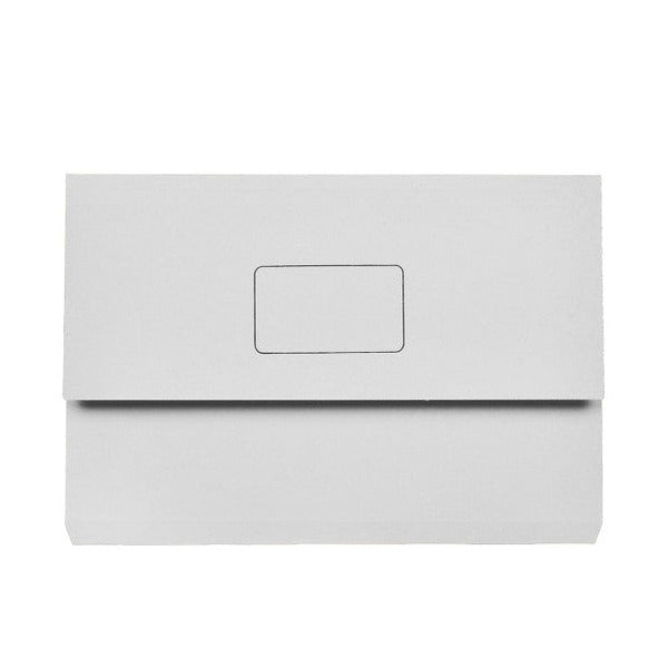 Pale grey Marbig Slimpick foolscap document wallet seen from the front with the flap closed and a printed name panel
