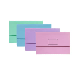 Four Marbig Slimpick pastel foolscap wallets overlapping in a row, mint green, blue, lilac and pink, the pink one showing its name panel