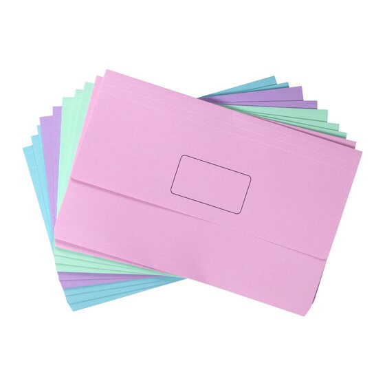 Fan of Marbig Slimpick pastel document wallets in pink, green, blue and purple, pink wallet on top with the flap closed