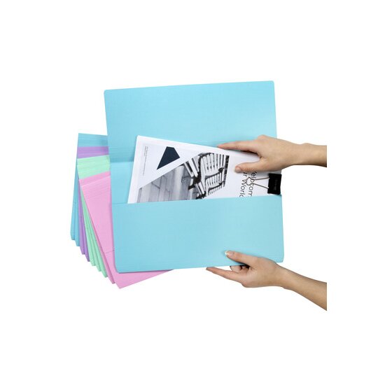 Hands placing papers into an open blue Marbig Slimpick pastel wallet held in front of pink, green and purple wallets