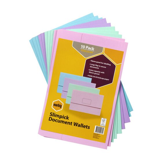 Marbig Slimpick Document Wallets pastel 10 pack with a yellow header card over pink, green, blue and purple wallets