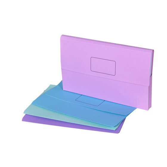 Lilac Marbig Slimpick foolscap wallet standing on its edge beside blue and green pastel wallets lying flat