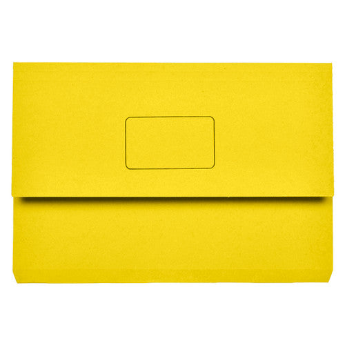 Front view of a yellow Marbig Slimpick foolscap document wallet with the flap down and a rounded rectangle name panel printed on it