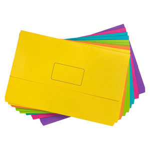 Fanned stack of Marbig Slimpick foolscap document wallets in Brights colours with a yellow wallet on top showing its name panel