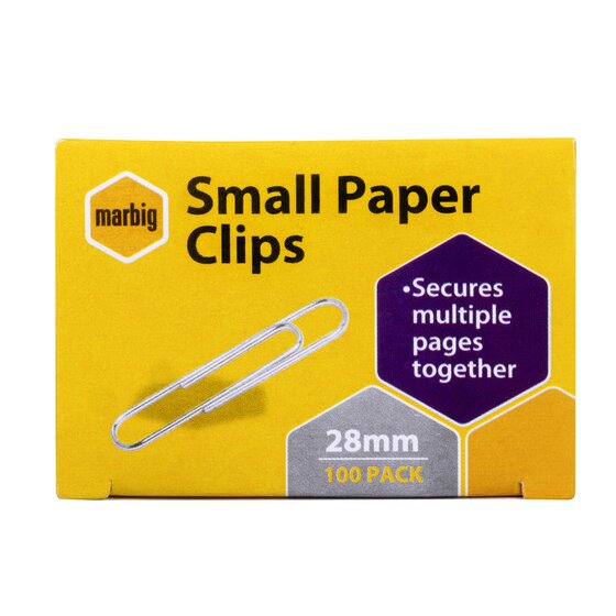 Front panel of the Marbig Small Paper Clips box with a drawn silver clip, secures multiple pages together and 28mm 100 pack