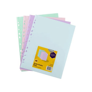 Four Marbig 2300598 pastel binder display books fanned out with punched binding edges and a yellow 10 Pockets A4 pack card