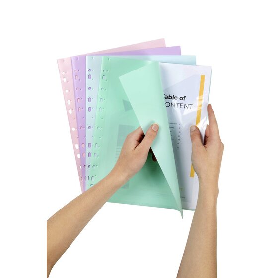 Hands turning a pastel green pocket page in a Marbig soft touch binder display book to reveal a table of contents sheet
