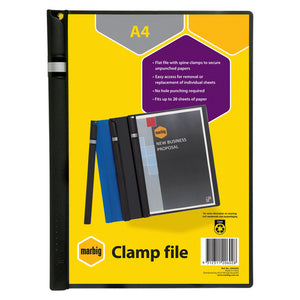 Marbig Clamp File A4 retail card in yellow and purple on a black file, printing no hole punching required and fits up to 20 sheets of paper