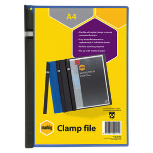 Marbig Clamp File A4 retail card in yellow and purple on a blue file, printing flat file with spine clamps to secure unpunched papers and fits up to 20 sheets of paper