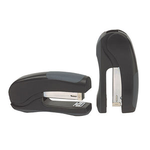 Marbig stand up stapler in black and grey shown lying flat beside a second one standing upright on its end