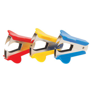 Three Marbig staple removers with metal jaws and plastic grips in red, yellow and blue, side by side