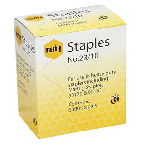 Marbig No 23/10 staples box printed for use in heavy duty staplers including Marbig Staplers 90170 and 90165, Contents 5000 staples