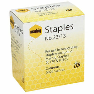 Marbig No 23/13 staples box printed for use in heavy duty staplers including Marbig Staplers 90170 and 90165, Contents 5000 staples