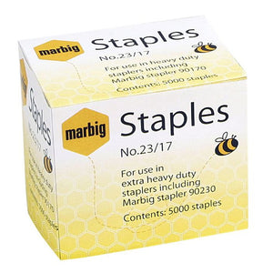 Older Marbig No 23/17 staples box, front printed for extra heavy duty staplers including Marbig stapler 90230, top printed Marbig stapler 90170