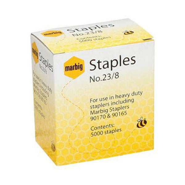 Marbig No 23/8 staples box printed for use in heavy duty staplers including Marbig Staplers 90170 and 90165, Contents 5000 staples