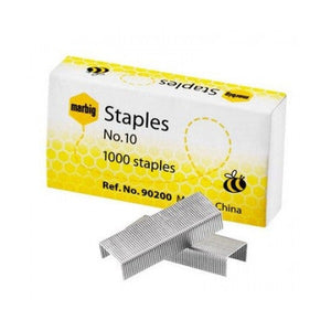 Marbig No 10 staples box printed 1000 staples, Ref. No. 90200 and Made in China, with loose staple strips in front