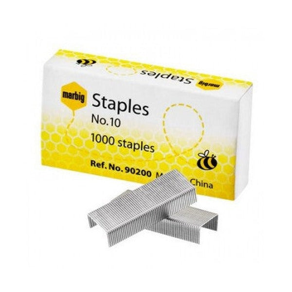 Marbig No 10 staples box printed 1000 staples, Ref. No. 90200 and Made in China, with loose staple strips in front