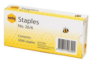 Older white and yellow Marbig No 26/6 staples box printed Contents 5000 staples and Ref. No. 90300, with a barcode panel