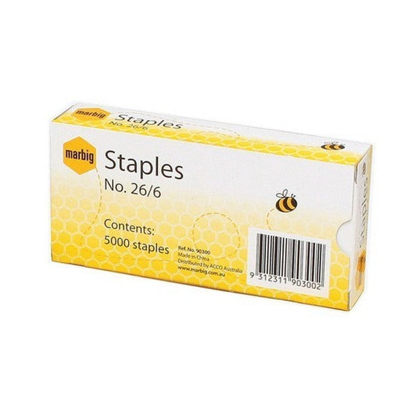 Older white and yellow Marbig No 26/6 staples box printed Contents 5000 staples and Ref. No. 90300, with a barcode panel