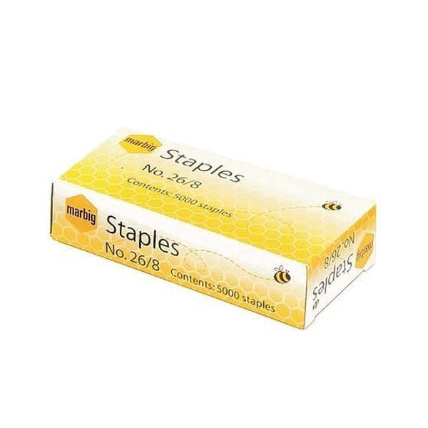 Marbig No 26/8 staples box in white and yellow, printed Contents 5000 staples on the front and the lid