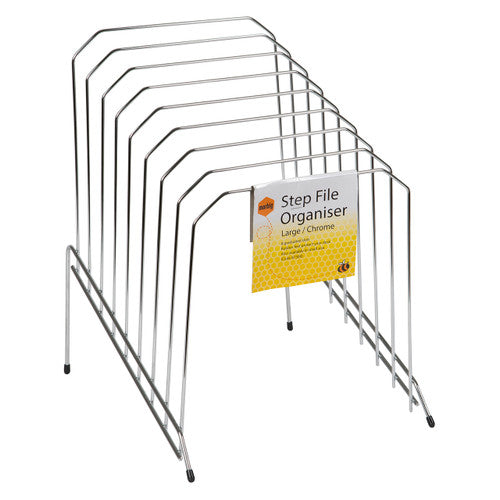 Marbig 8-slot large chrome step file organiser shown from the front, displaying graduated tiers suitable for A4 folders and documents