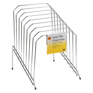 Marbig 8-slot large chrome step file organiser shown from the front, displaying graduated tiers suitable for A4 folders and documents