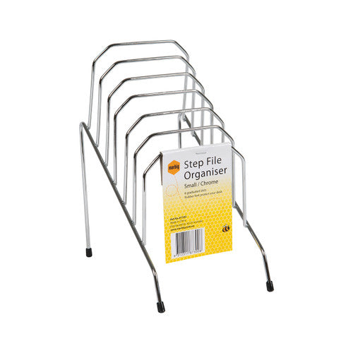 Marbig 87300 small chrome wire step file organiser with six graduated slots, black rubber feet and a yellow Marbig pack card hung on the front