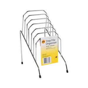 Marbig 87300 small chrome wire step file organiser with six graduated slots, black rubber feet and a yellow Marbig pack card hung on the front