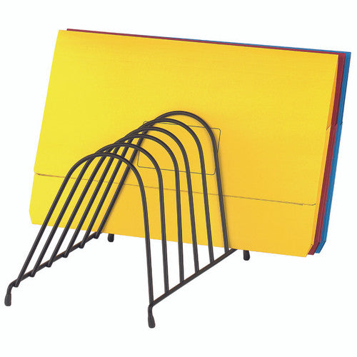 Marbig 86044 black wire organiser with arched slots leaning at an angle, holding yellow, red and blue document wallets upright