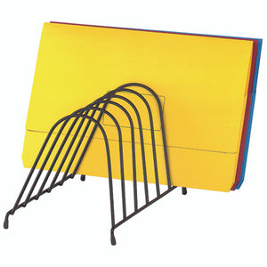 Marbig 86044 black wire organiser with arched slots leaning at an angle, holding yellow, red and blue document wallets upright