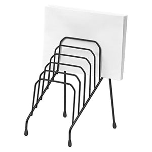 Small black Marbig wire step file with six rising wire tiers and rubber tipped legs, holding a stack of white paper in the back slot