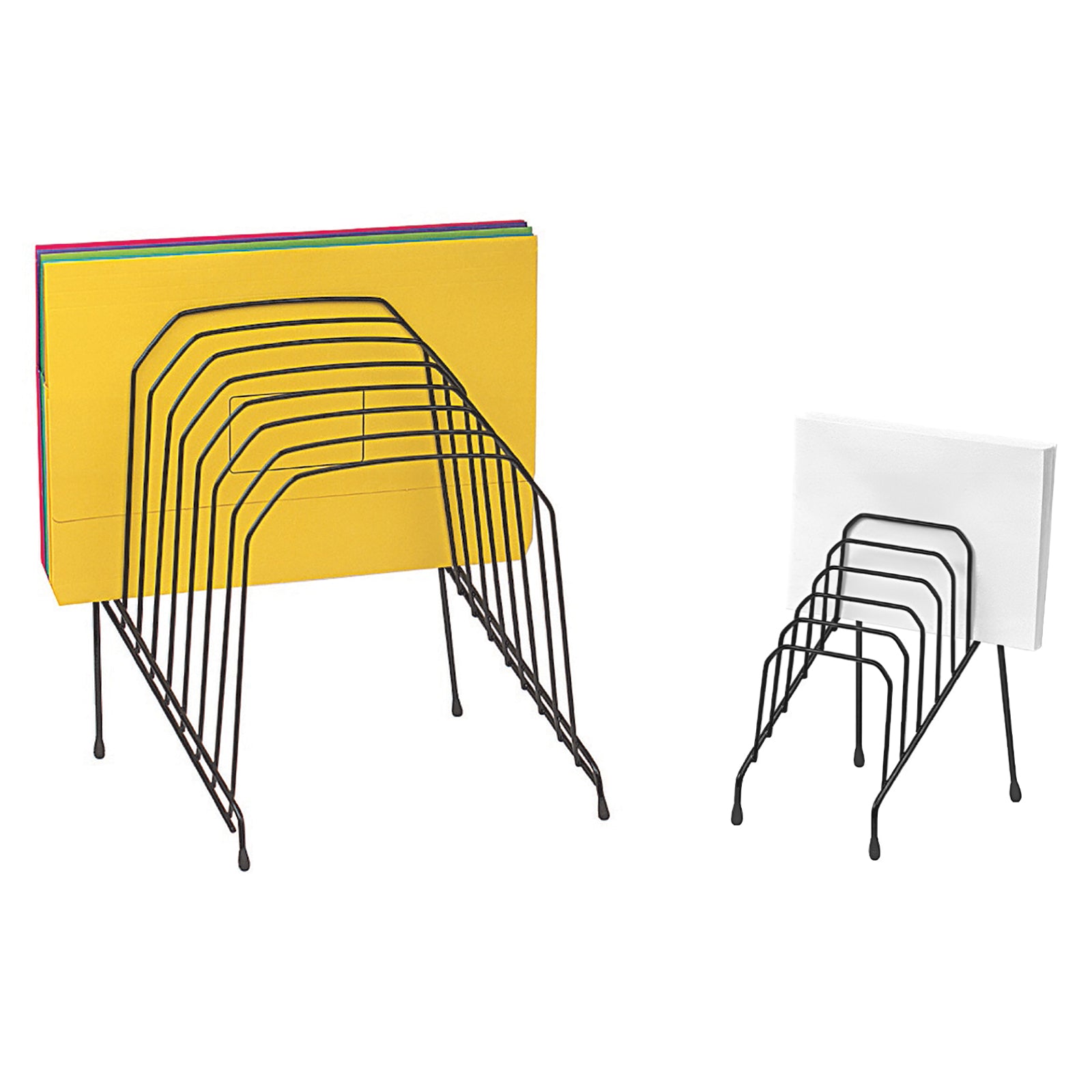 Studio comparison image showing the Marbig wire organiser alongside a larger version, illustrating the compact size and six graduated storage slots designed for organising mail, folders and paperwork.