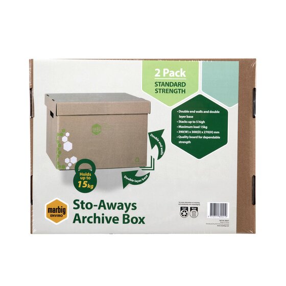 Marbig Sto-Aways 2 pack in its printed wrap, showing a kraft box, a Standard Strength panel and a Holds up to 15kg badge