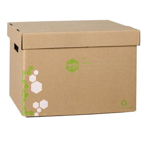 Marbig Sto-Aways kraft archive box with its lid on, a green Marbig Enviro logo, ruled date and contents lines and a hexagon print on one corner