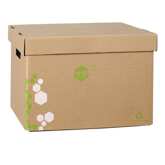 Marbig Sto-Aways kraft archive box with its lid on, a green Marbig Enviro logo, ruled date and contents lines and a hexagon print on one corner