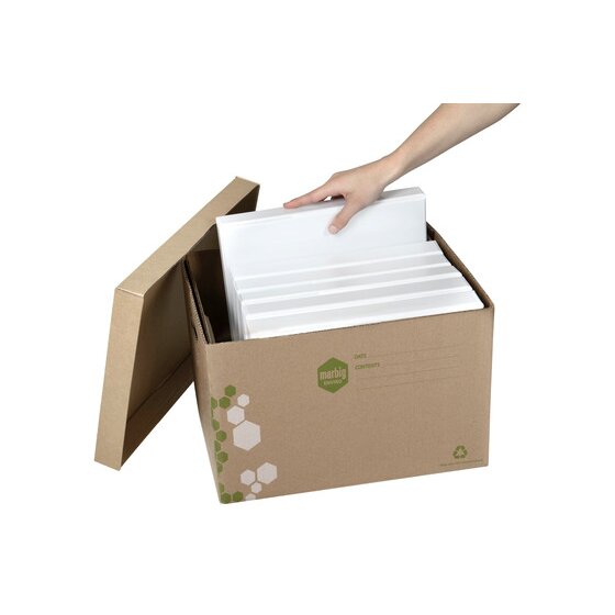 Hand placing white files upright into an open Marbig Sto-Aways kraft archive box with the lid leaning against it