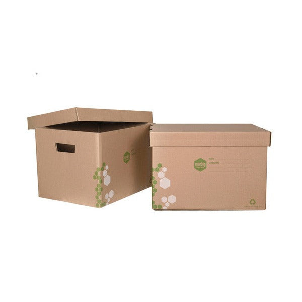 Two Marbig Sto-Aways kraft archive boxes, one open with its lid lifted back and one closed beside it
