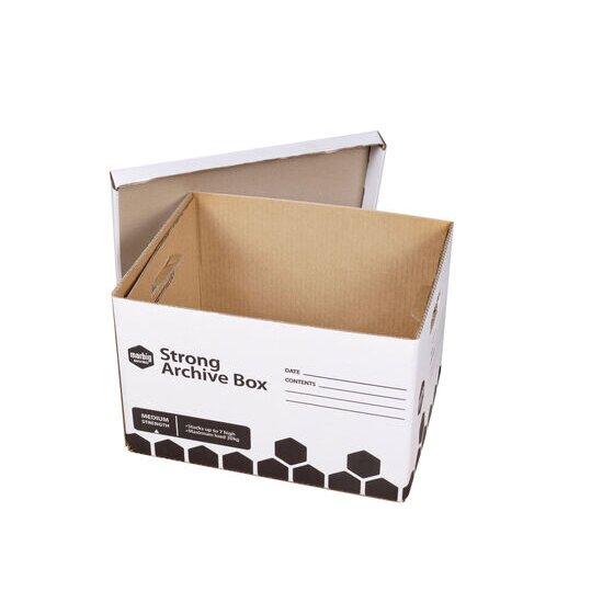 Open Marbig Strong Archive Box with the lid raised behind it, showing the plain brown board inside