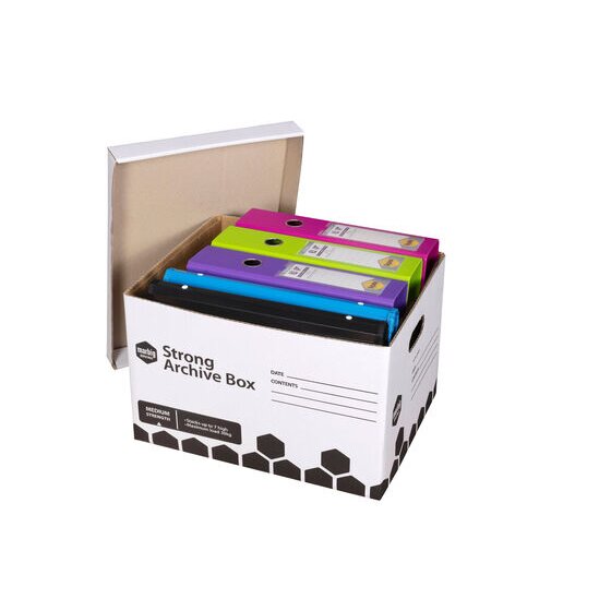 Marbig Strong Archive Box with its lid tilted back and colourful lever arch files lying inside