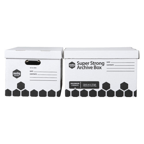 Two Marbig Super Strong Archive Boxes in white with a black hexagon band, one showing the hand hole end and one the printed front with its Maximum Strength panel