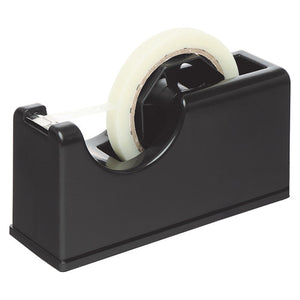 Marbig 8702502 large black desktop tape dispenser holding a wide clear tape roll on a large cardboard core, tape end over the serrated cutter