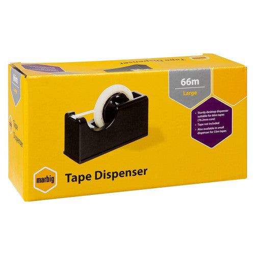 Marbig large tape dispenser retail box in yellow, marked 66m Large, suitable for 66m tapes on a 76.2mm core, tape not included