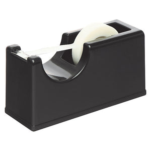 Marbig 8702002 small black desktop tape dispenser loaded with a clear tape roll, the tape end pulled across the serrated cutter at the front