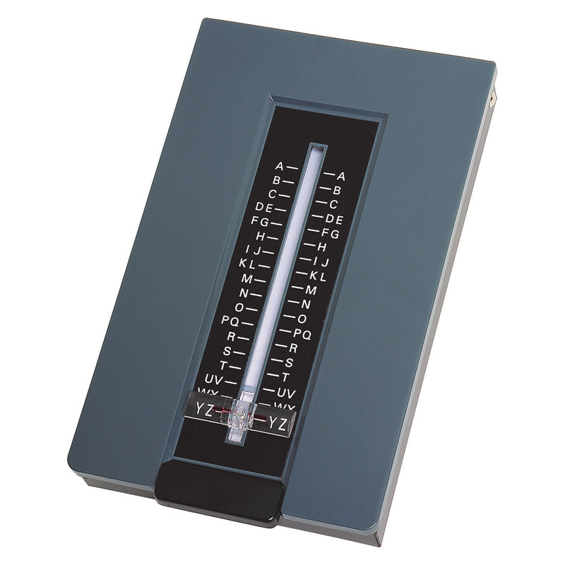 Angled studio view of the closed Marbig Telephone List Finder Grey highlighting the compact profile, alphabetical viewing window and professional grey finish suitable for office desktops.