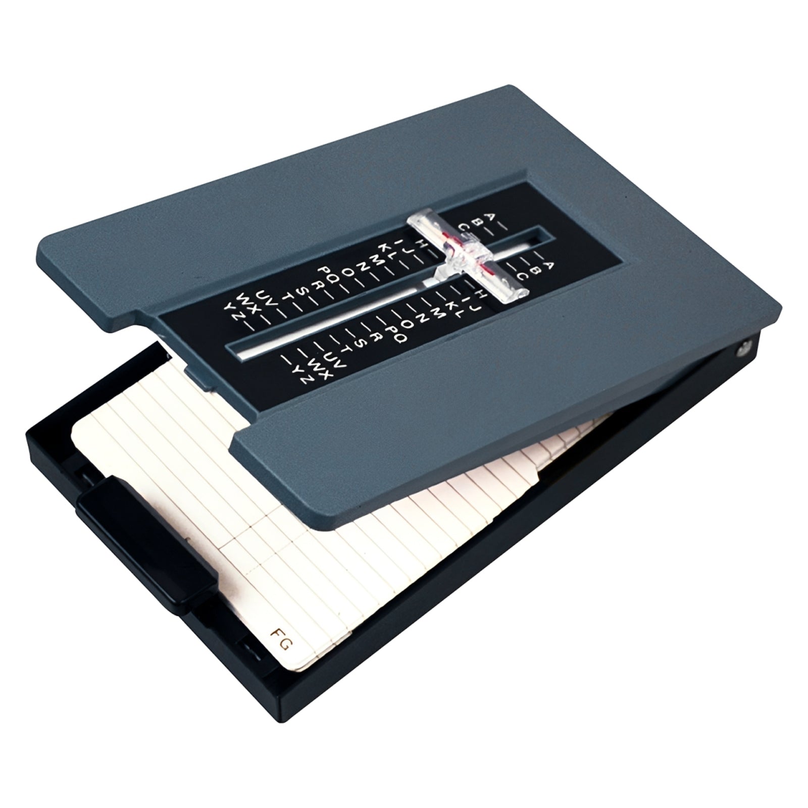 Studio close up of the Marbig Telephone List Finder Grey partially open, clearly displaying the removable contact cards, sliding alphabetical index selector and durable construction against a clean white background.