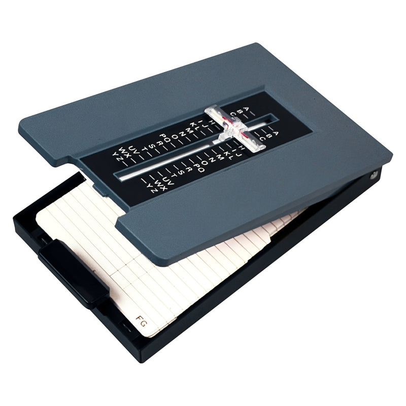 Studio close up of the Marbig Telephone List Finder Grey partially open, clearly displaying the removable contact cards, sliding alphabetical index selector and durable construction against a clean white background.