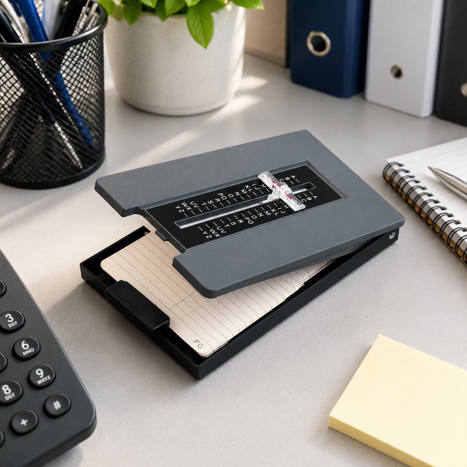 The Marbig Telephone List Finder Grey sitting open on an office desk beside a telephone, notebook, sticky notes and pen holder, highlighting its compact desktop design for quick access to contact information.