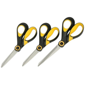 Range photograph of three pairs of scissors with yellow and black handles in three lengths, shown for the Marbig Titanium Edge Scissors 190mm, code 975451