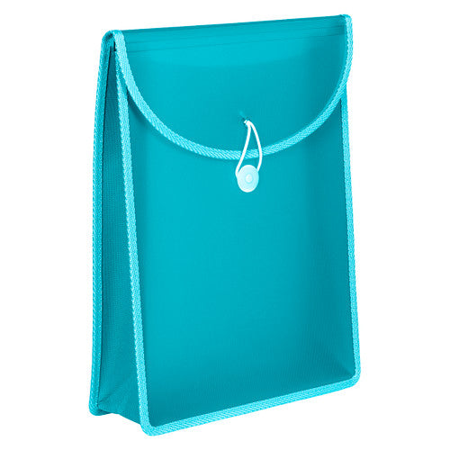 Aqua Marbig A4 top load file shown at an angle with an expanded side gusset, curved flap and elastic cord around a white button