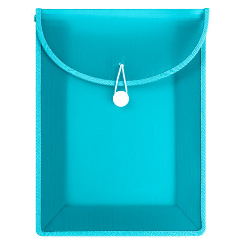 Flat front view of a translucent aqua Marbig top load file with the flap closed by its cord and button